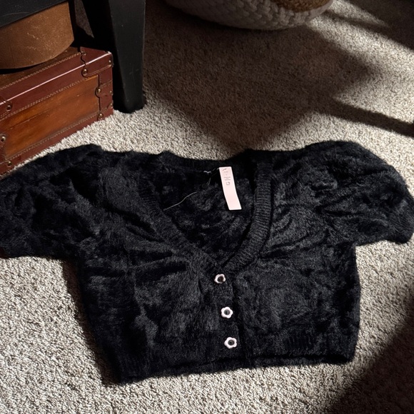 For Love And Lemons Sweaters - For Love and Lemons Black Fuzzy Cropped Cardigan